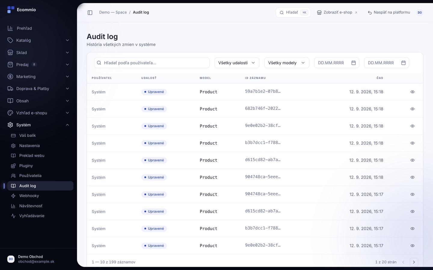 Obrazovka „Audit log“ v administrácii