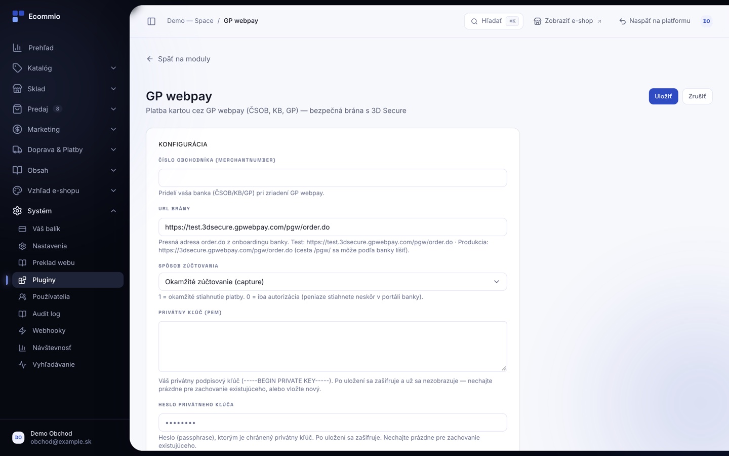 Obrazovka „Platobná brána GP webpay“ v administrácii