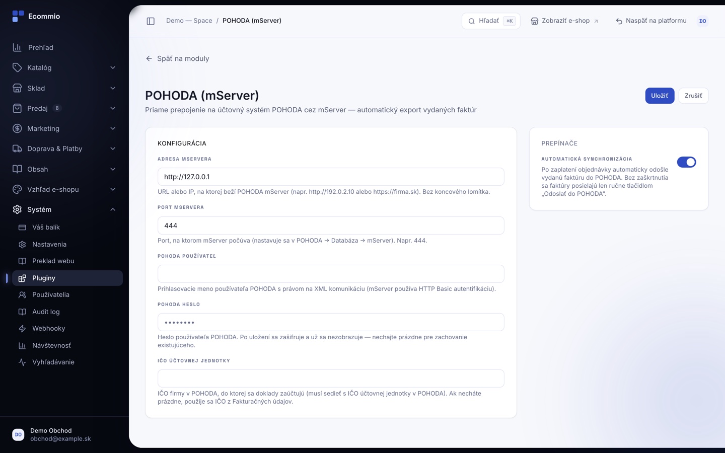Obrazovka „Export do POHODA“ v administrácii