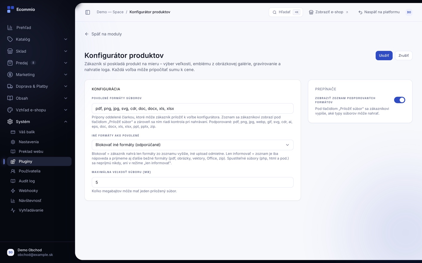 Obrazovka „Konfigurátor produktov (plugin)“ v administrácii