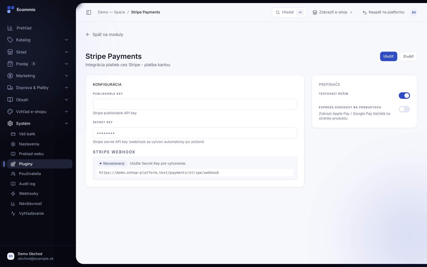 Obrazovka „Platobná brána Stripe“ v administrácii