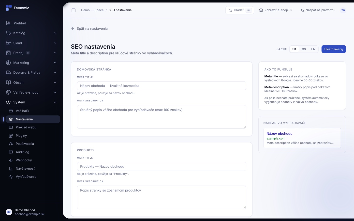 Obrazovka „SEO nastavenia a sitemap“ v administrácii